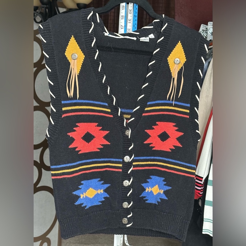 Vintage 90s CHAUS Southwestern Knit Sweater Vest Western Fringe Concho L